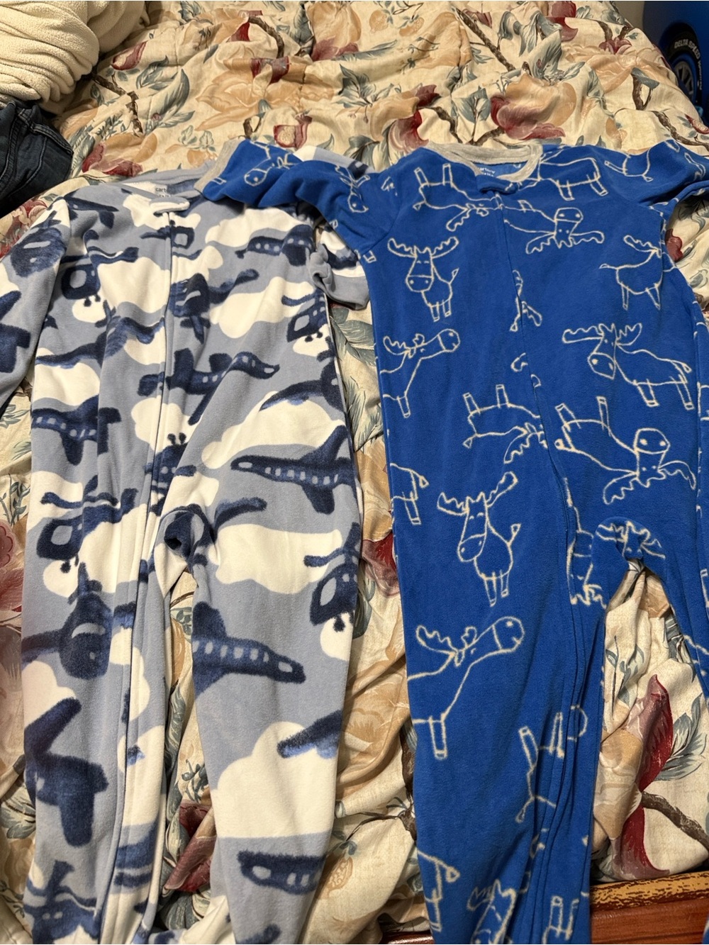 Carter's Royal Blue Fleece Sleep onesie with airplane and moose outlines